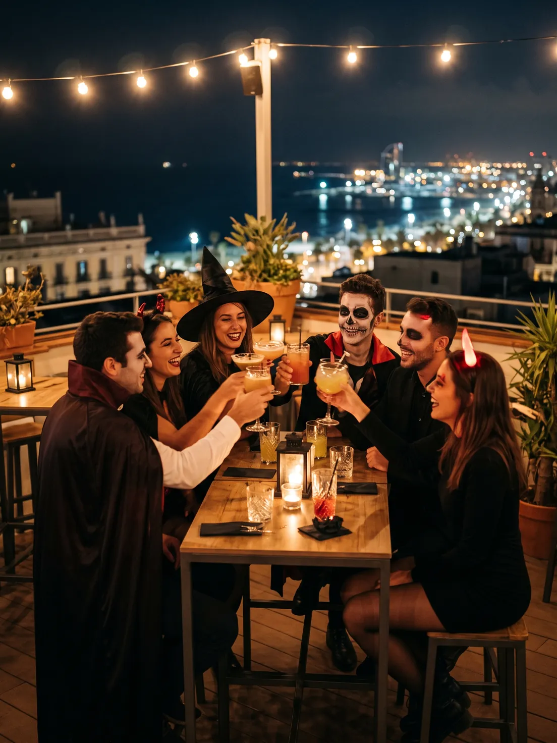 Six friends in Halloween costumes toasting with cocktails on a Barcelona rooftop at night, seafront lights behind
