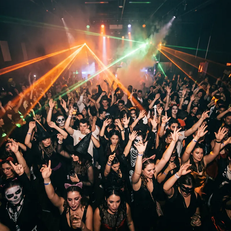 Crowd in witch hats and skull face paint dancing under orange and green lasers