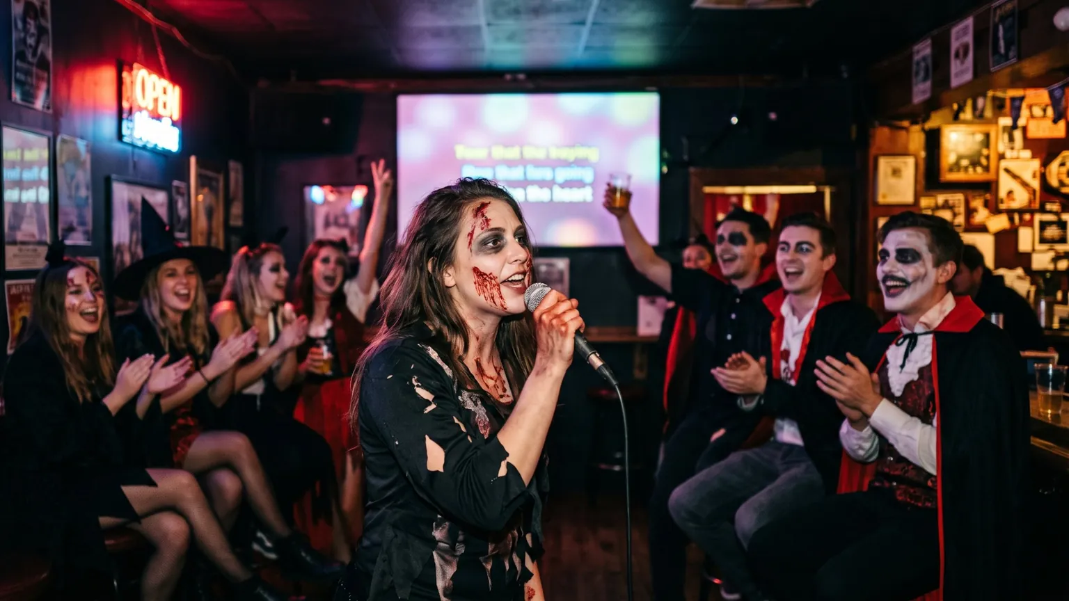 Woman in zombie makeup singing karaoke while friends in Halloween costumes cheer